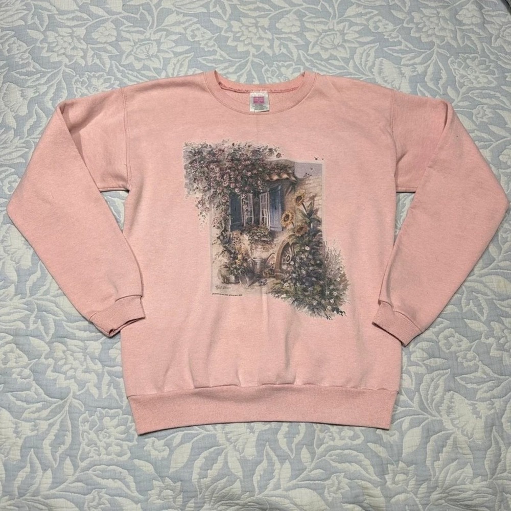 Vintage 90s Hanes Her Way Pink Cottagecore Floral Graphic Sweatshirt - Small